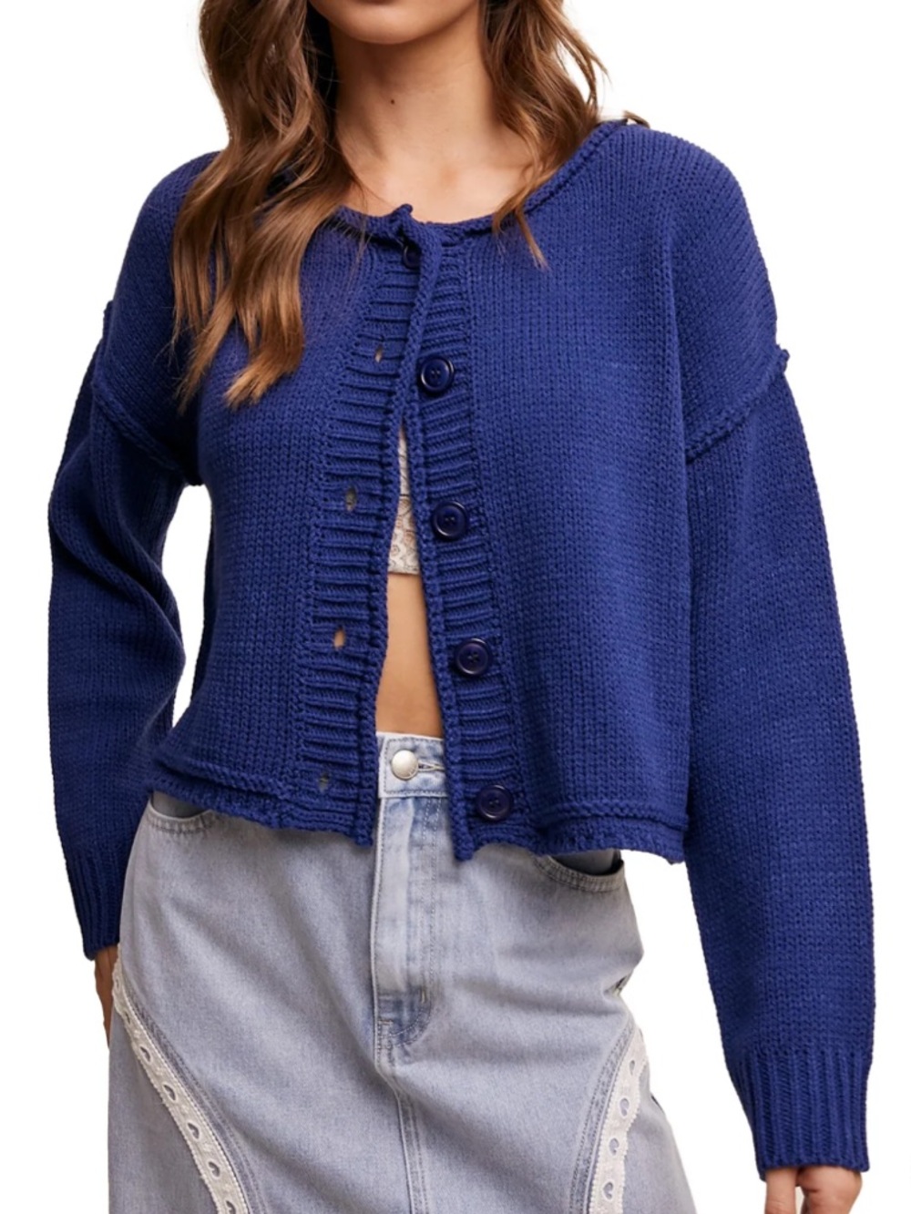 ROOLEE Womens Button Front Knit Cardigan Sweater Colorful Cobalt Blue Small S